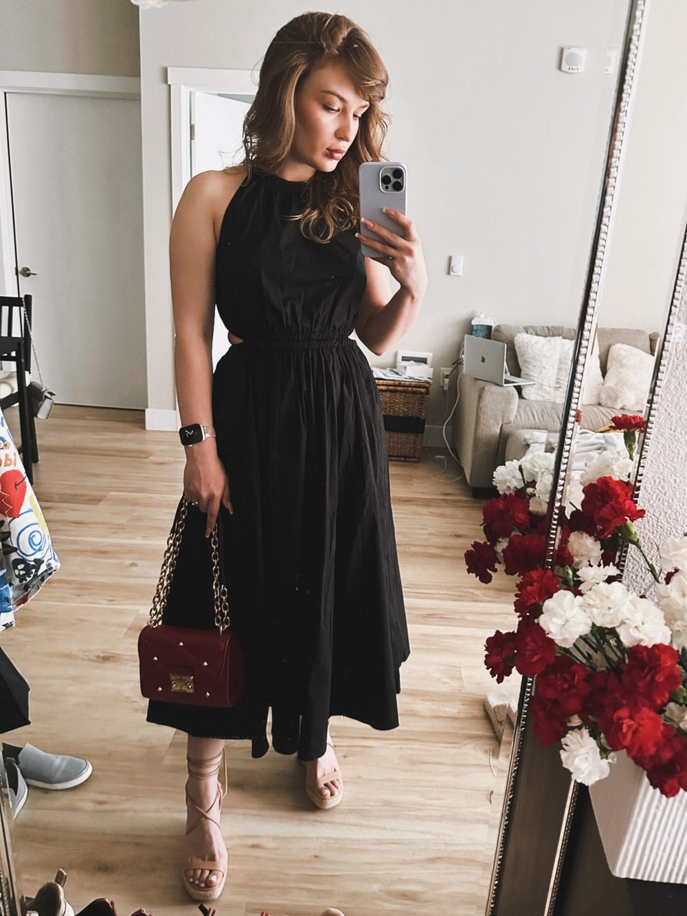 Michael Kors Black Midi Dress with Chain-Strap Detail